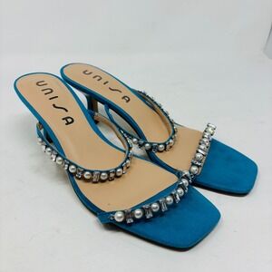 UNISA Kitten Heel Sandals Size 9.5 Strappy Turquoise Pearl Rhinestone